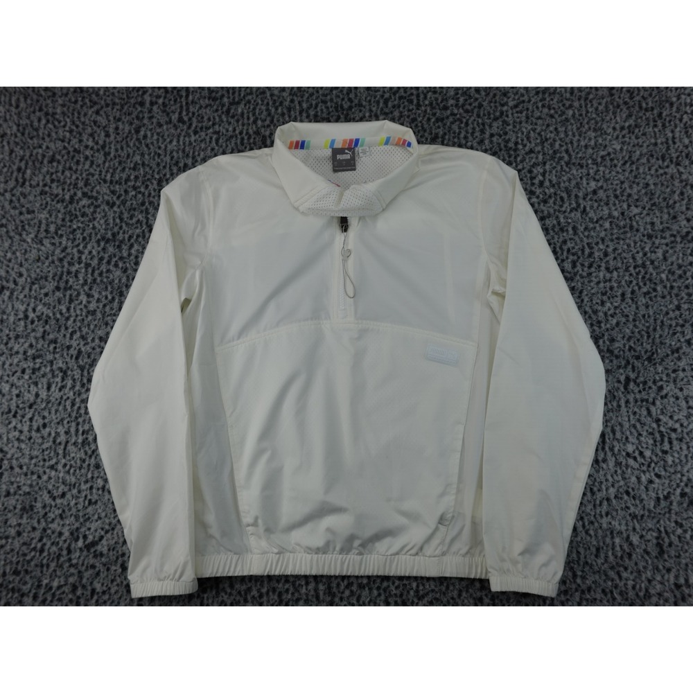 Puma Windbreaker Jacket Mens Small White Good 1/4 Zip Mesh Lined 595846-04